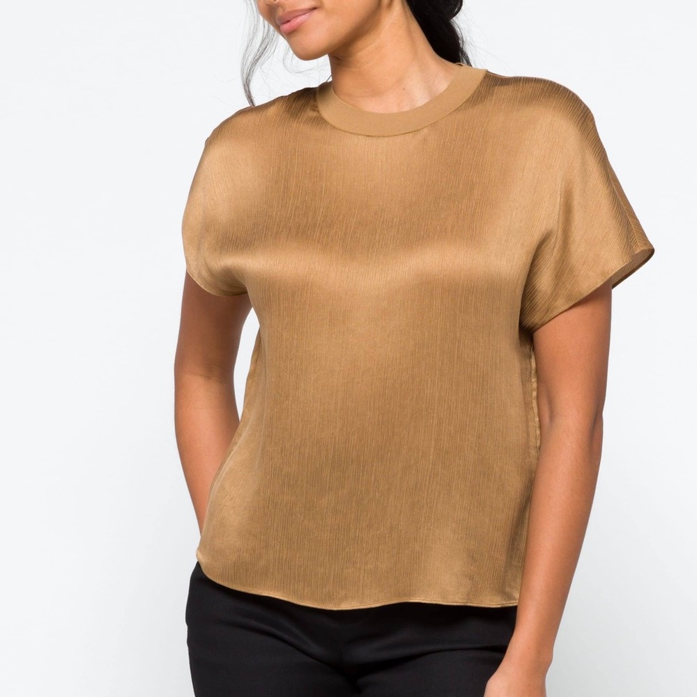 Vince Rib-Trim Flutter-Sleeve Silk Top — Almond | Effortless Chic Comfort